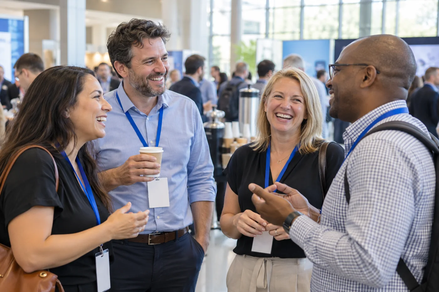 Convention attendees with event badges laughing together during a coffee break