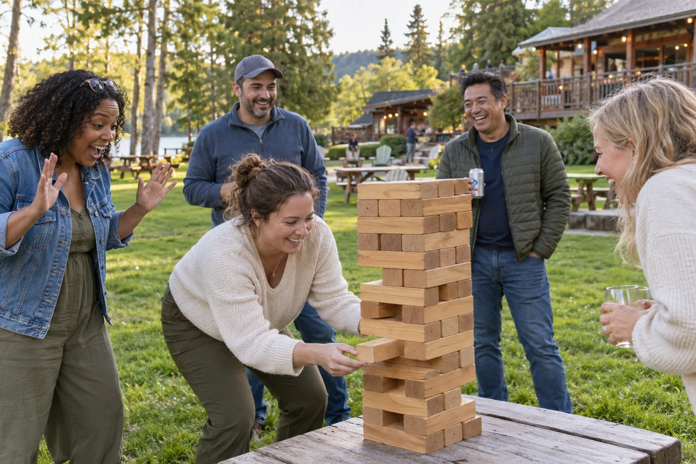 Colleagues laughing together during a lawn game at a team retreat