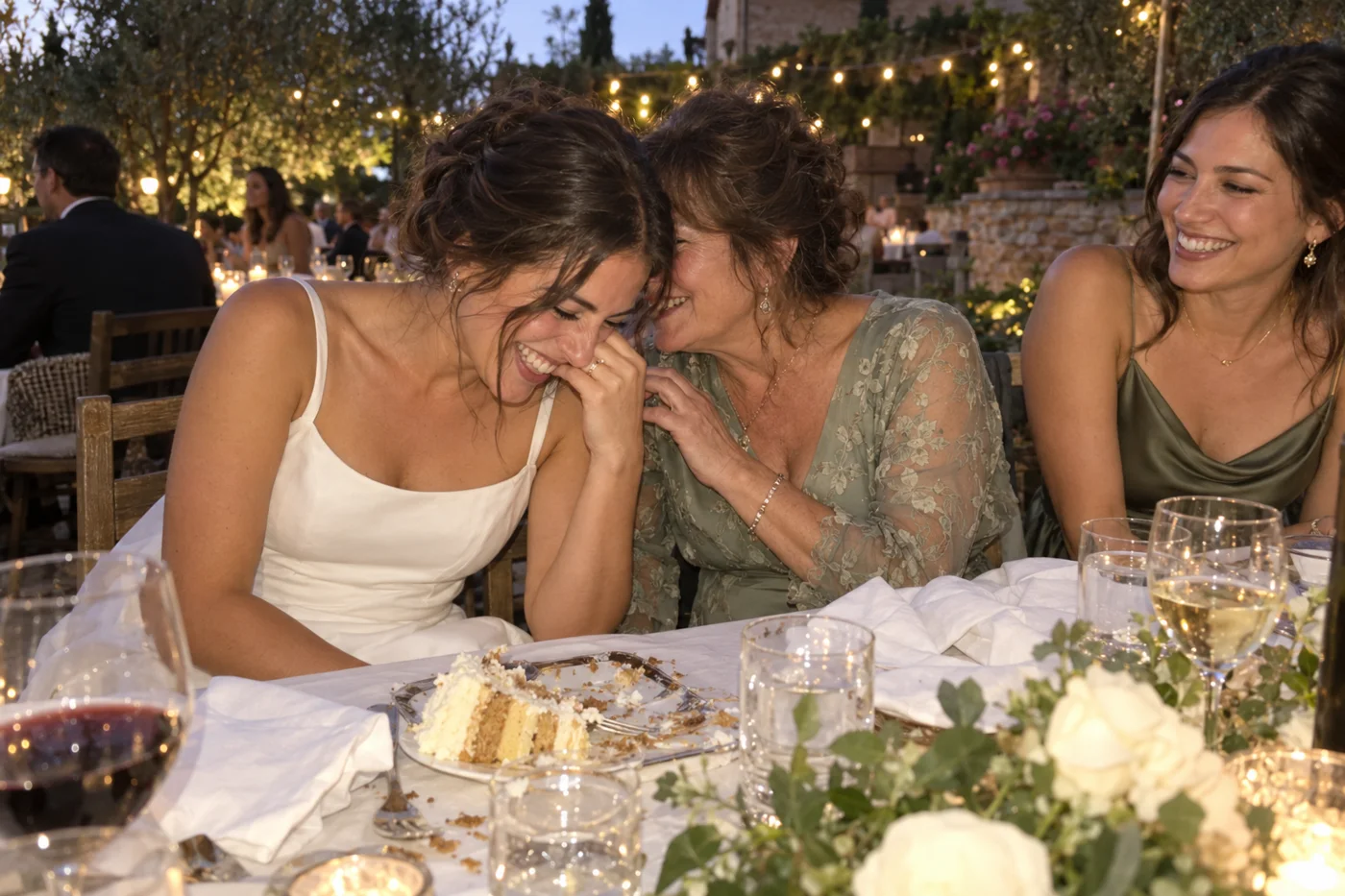 A bride laughing with her guests around a wedding reception table